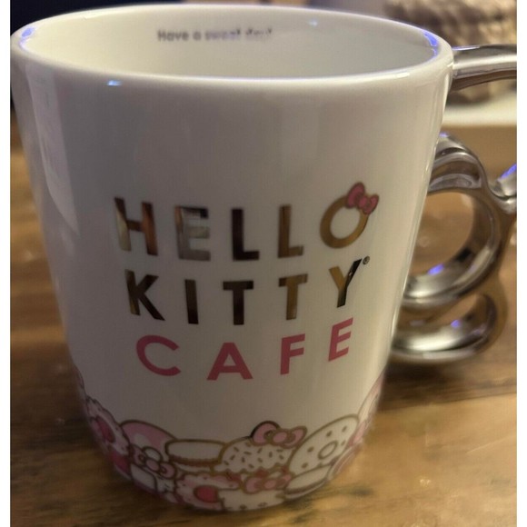 NIB 2021 Hello Kitty Cafe Truck Exclusive Metallic Silver Bow Handle Mug Cup - Picture 8 of 9